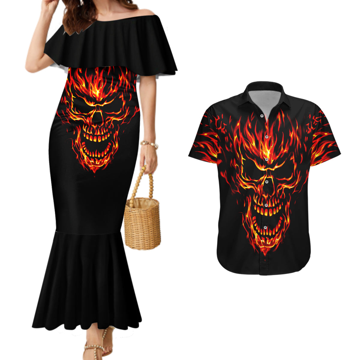 flame-skull-couples-matching-mermaid-dress-and-hawaiian-shirt-skull-face-inside-me