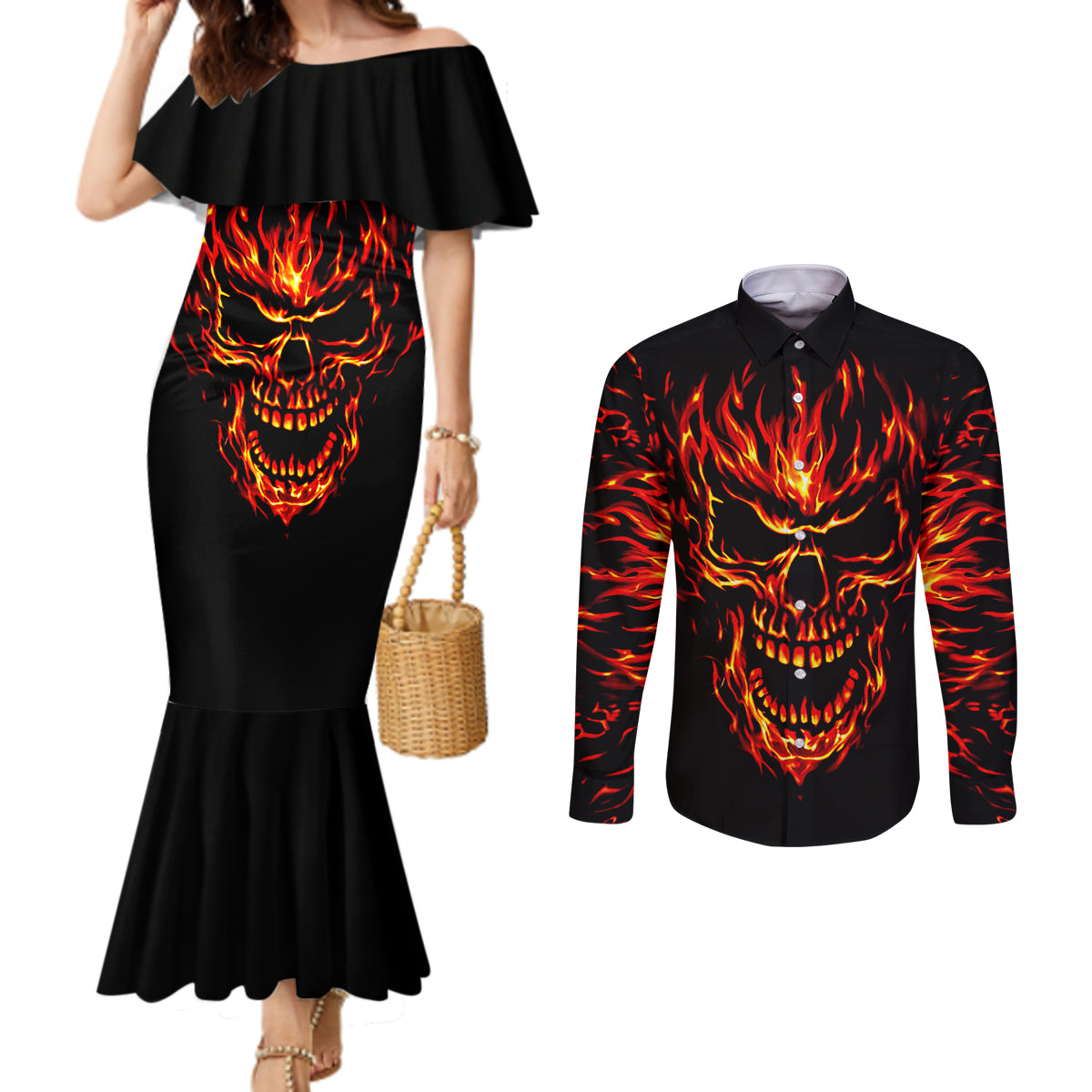 flame-skull-couples-matching-mermaid-dress-and-long-sleeve-button-shirts-skull-face-inside-me