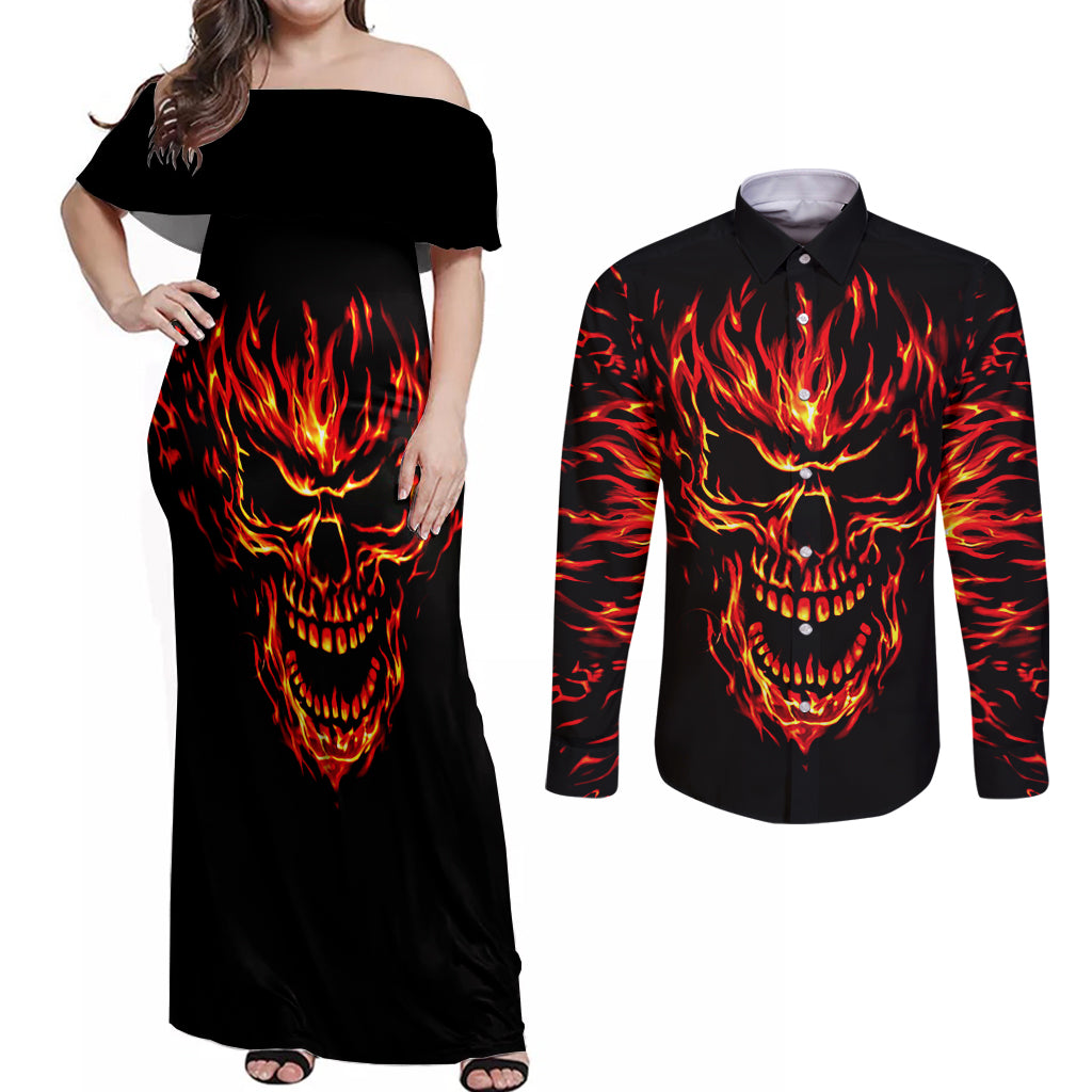 flame-skull-couples-matching-off-shoulder-maxi-dress-and-long-sleeve-button-shirts-skull-face-inside-me