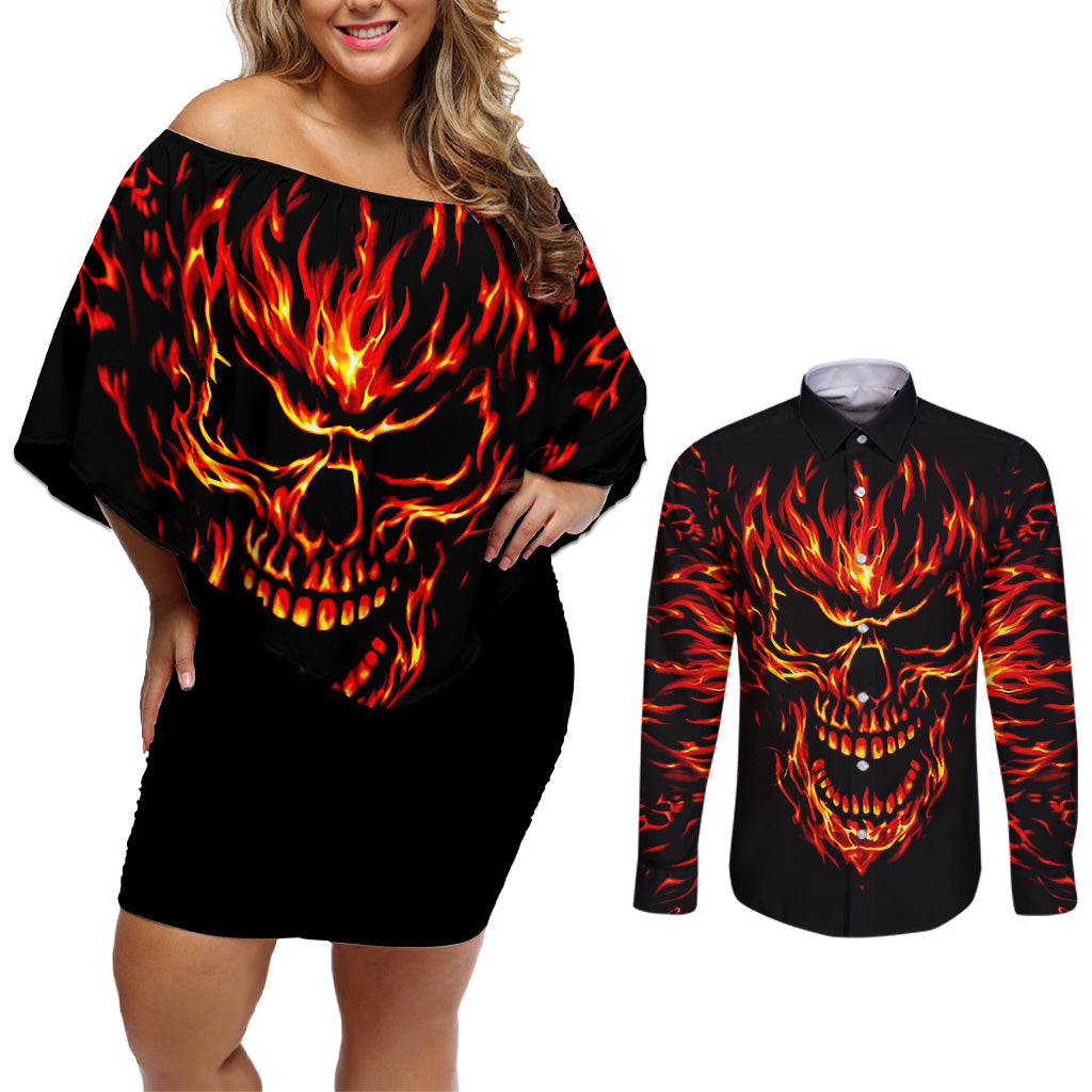 flame-skull-couples-matching-off-shoulder-short-dress-and-long-sleeve-button-shirts-skull-face-inside-me