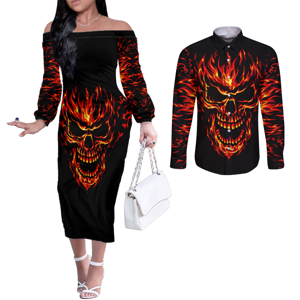 flame-skull-couples-matching-off-the-shoulder-long-sleeve-dress-and-long-sleeve-button-shirts-skull-face-inside-me