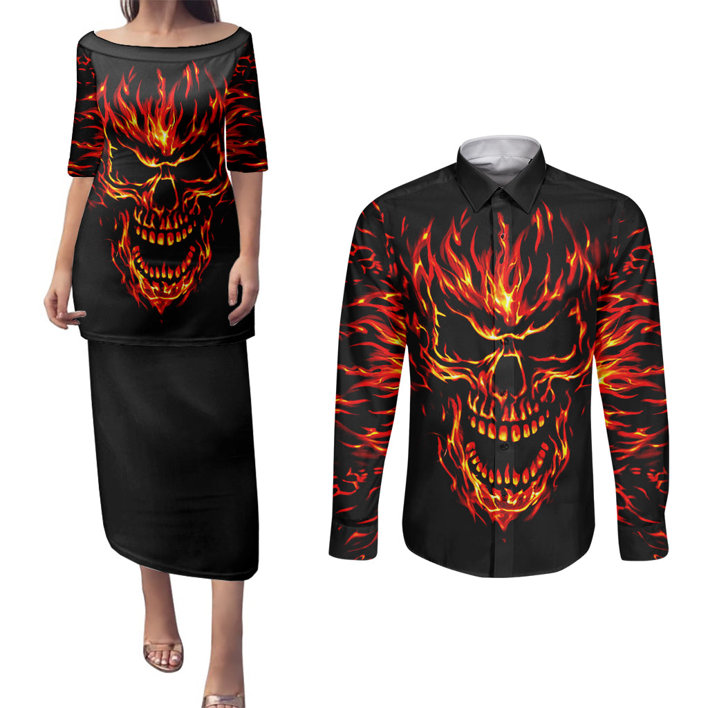 flame-skull-couples-matching-puletasi-dress-and-long-sleeve-button-shirts-skull-face-inside-me