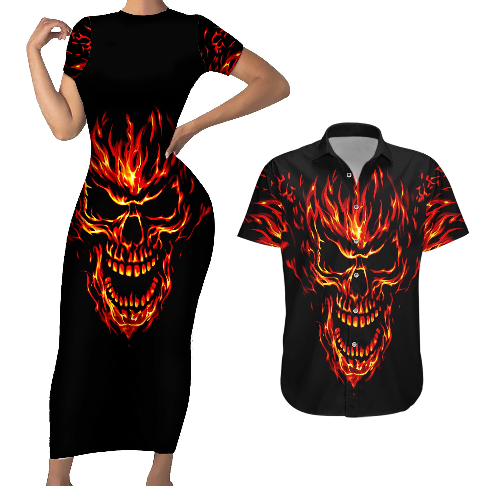 flame-skull-couples-matching-short-sleeve-bodycon-dress-and-hawaiian-shirt-skull-face-inside-me