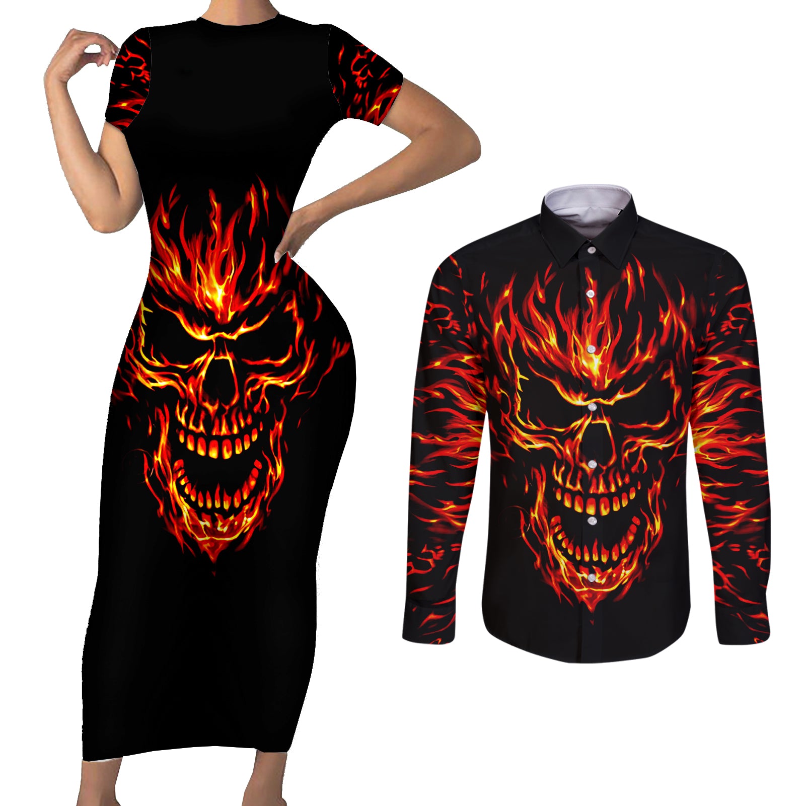 flame-skull-couples-matching-short-sleeve-bodycon-dress-and-long-sleeve-button-shirts-skull-face-inside-me