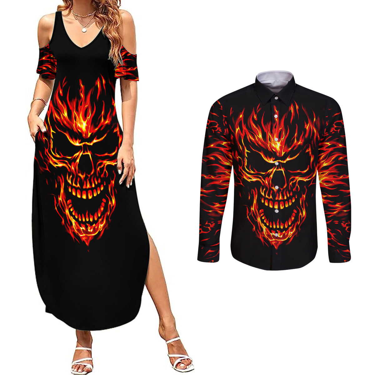 flame-skull-couples-matching-summer-maxi-dress-and-long-sleeve-button-shirts-skull-face-inside-me