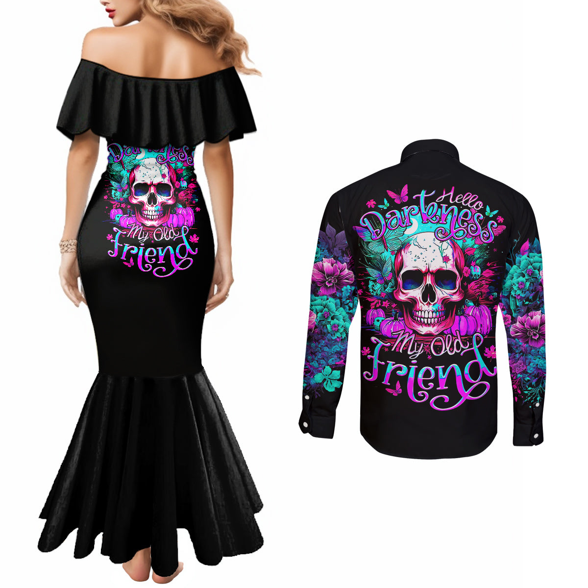 skull-couples-matching-mermaid-dress-and-long-sleeve-button-shirts-hello-darkness-my-old-friend-pinky