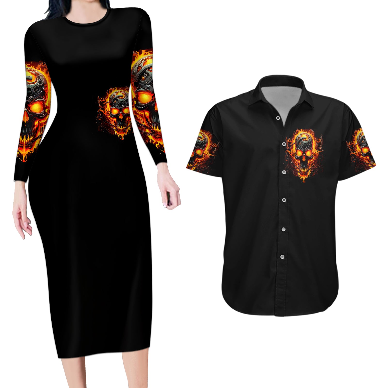 flame-skull-couples-matching-long-sleeve-bodycon-dress-and-hawaiian-shirt-i-can-fix-stupid-but-that-hurt