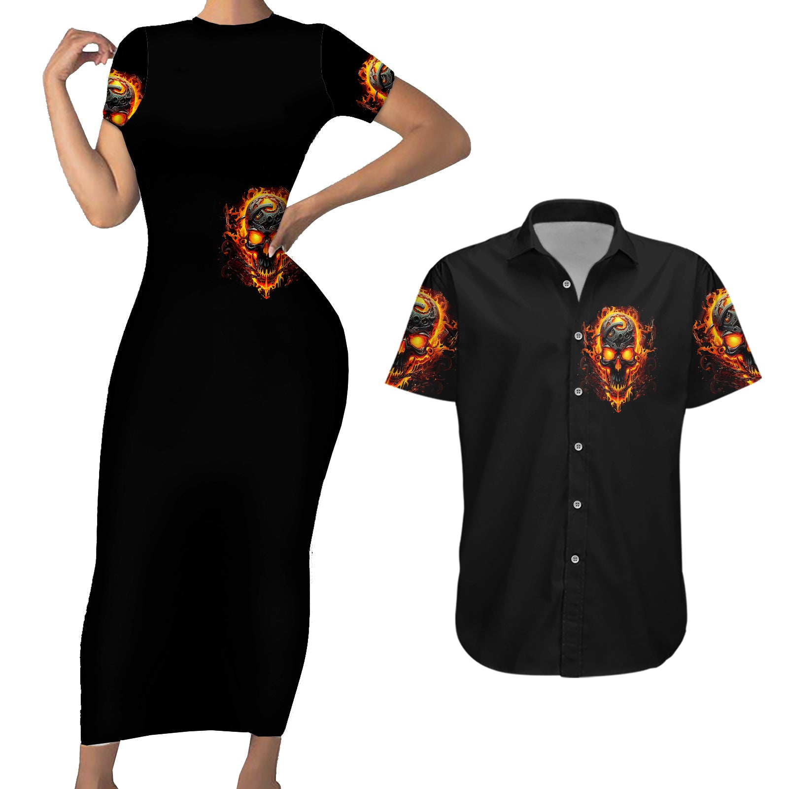 flame-skull-couples-matching-short-sleeve-bodycon-dress-and-hawaiian-shirt-i-can-fix-stupid-but-that-hurt