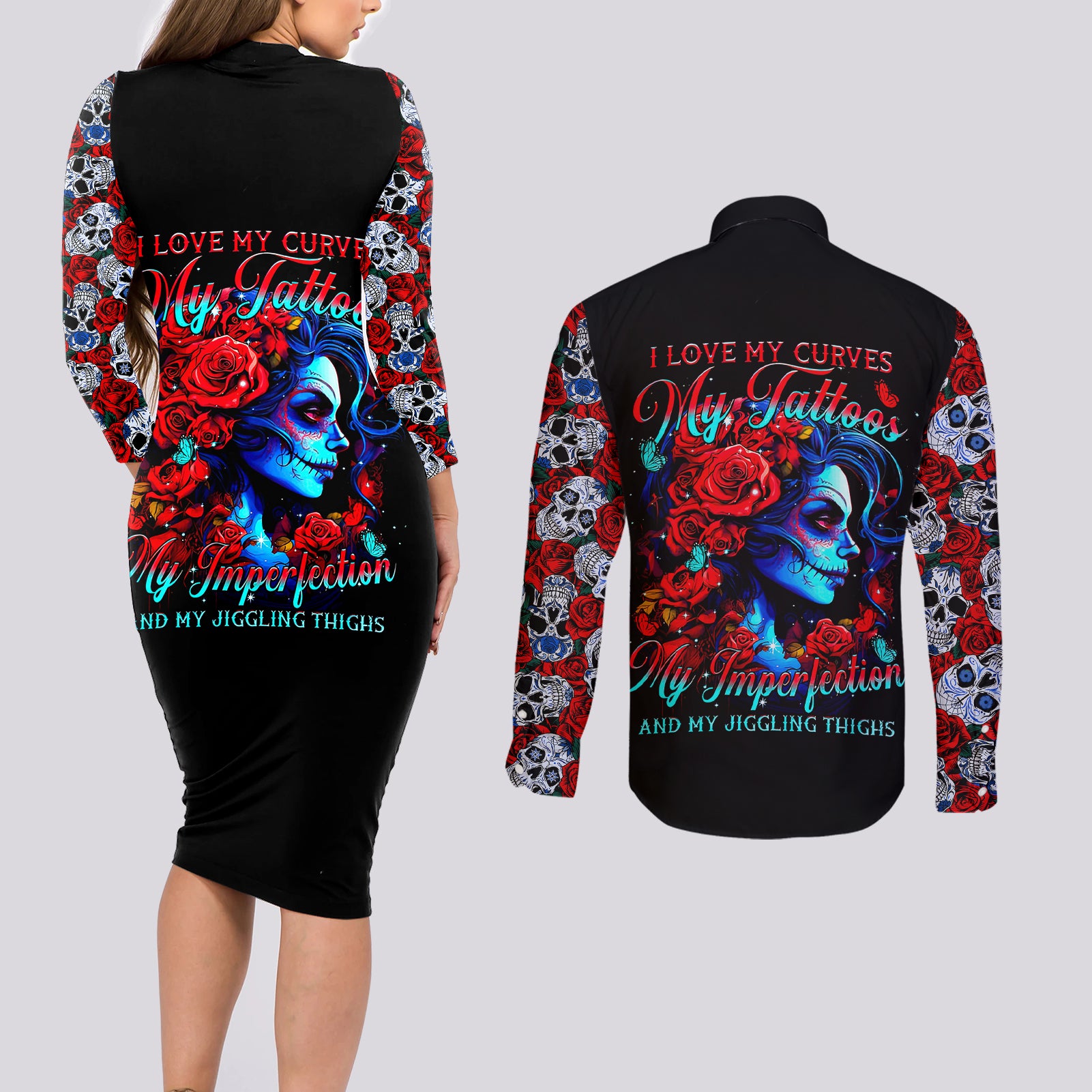 skull-rose-couples-matching-long-sleeve-bodycon-dress-and-long-sleeve-button-shirts-i-love-my-curve-my-tattoo-my-imperfection