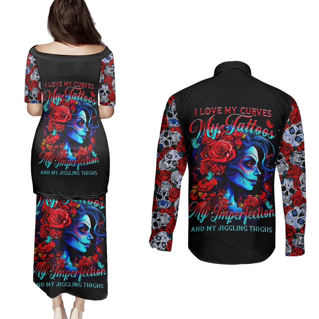 skull-rose-couples-matching-puletasi-dress-and-long-sleeve-button-shirts-i-love-my-curve-my-tattoo-my-imperfection