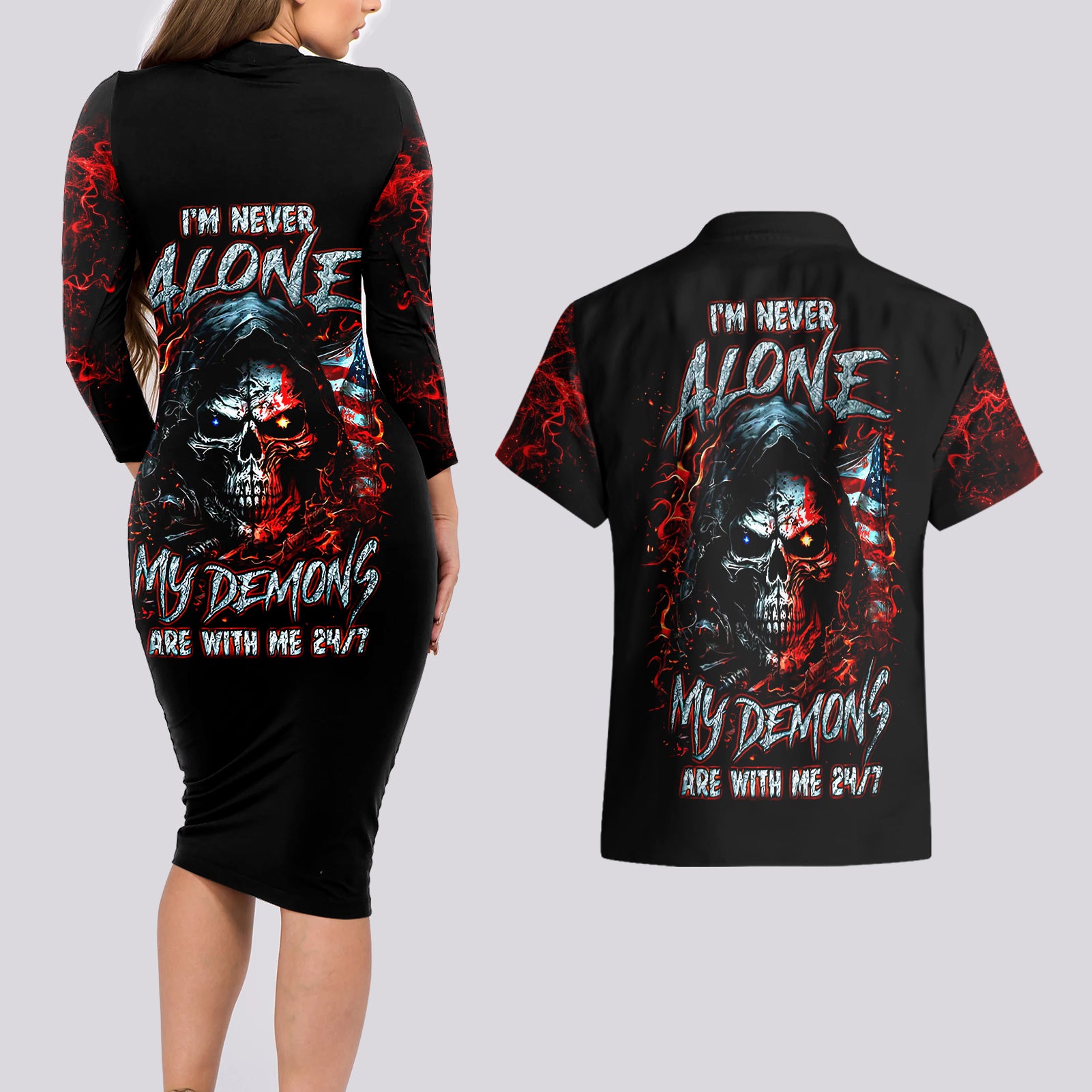 blood-skull-couples-matching-long-sleeve-bodycon-dress-and-hawaiian-shirt-i-never-alone-my-demon-with-me-247