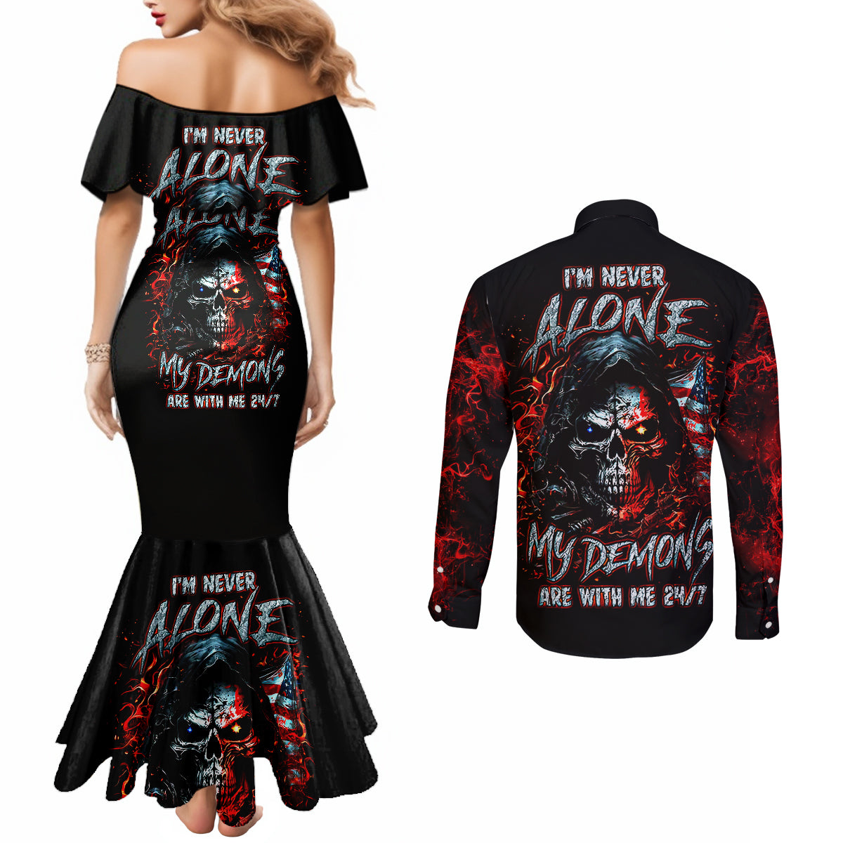 blood-skull-couples-matching-mermaid-dress-and-long-sleeve-button-shirts-i-never-alone-my-demon-with-me-247