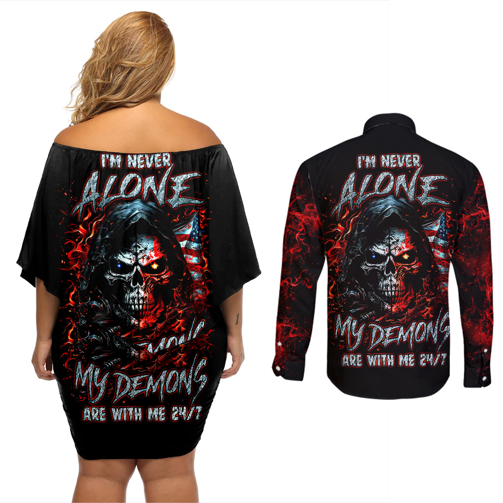 blood-skull-couples-matching-off-shoulder-short-dress-and-long-sleeve-button-shirts-i-never-alone-my-demon-with-me-247