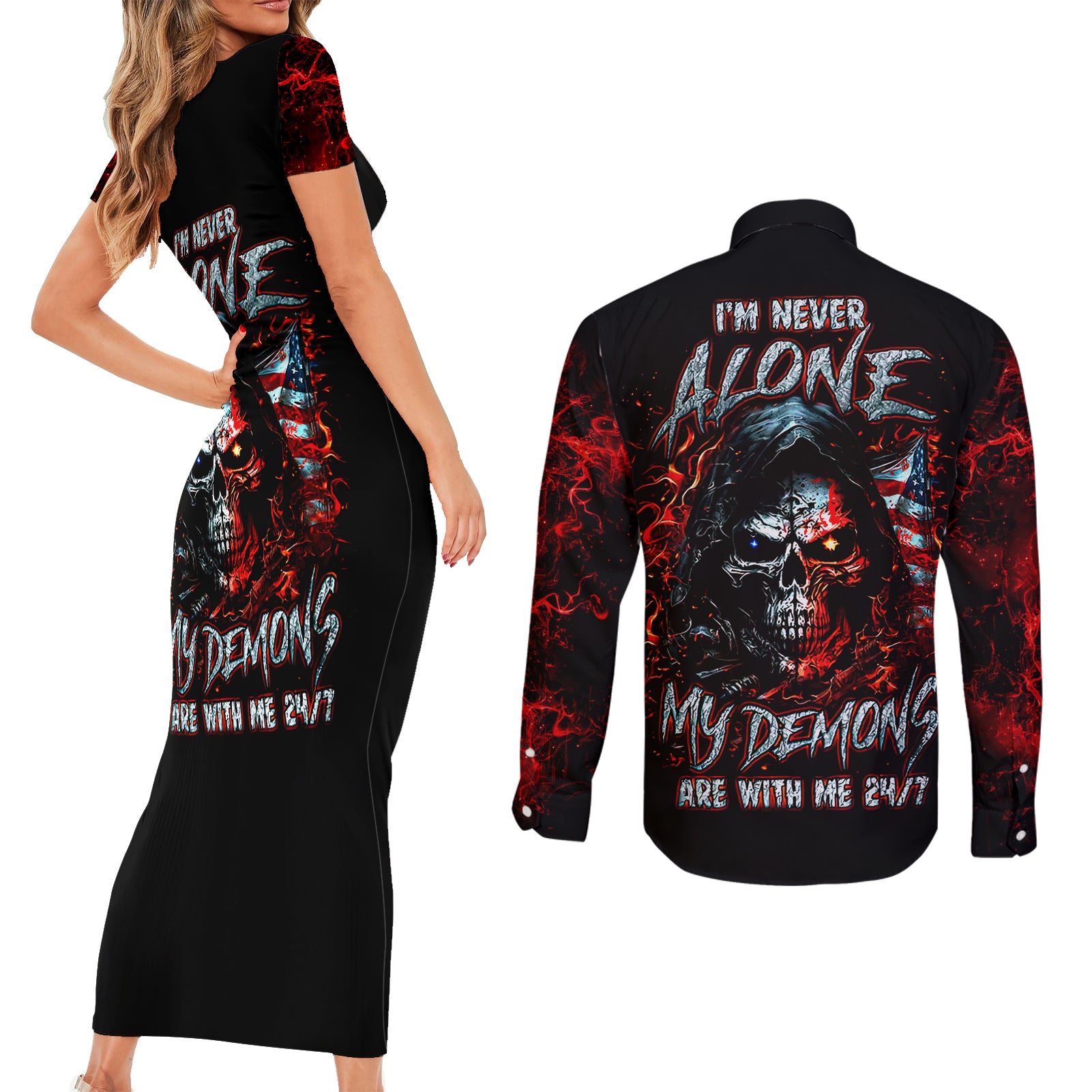 blood-skull-couples-matching-short-sleeve-bodycon-dress-and-long-sleeve-button-shirts-i-never-alone-my-demon-with-me-247