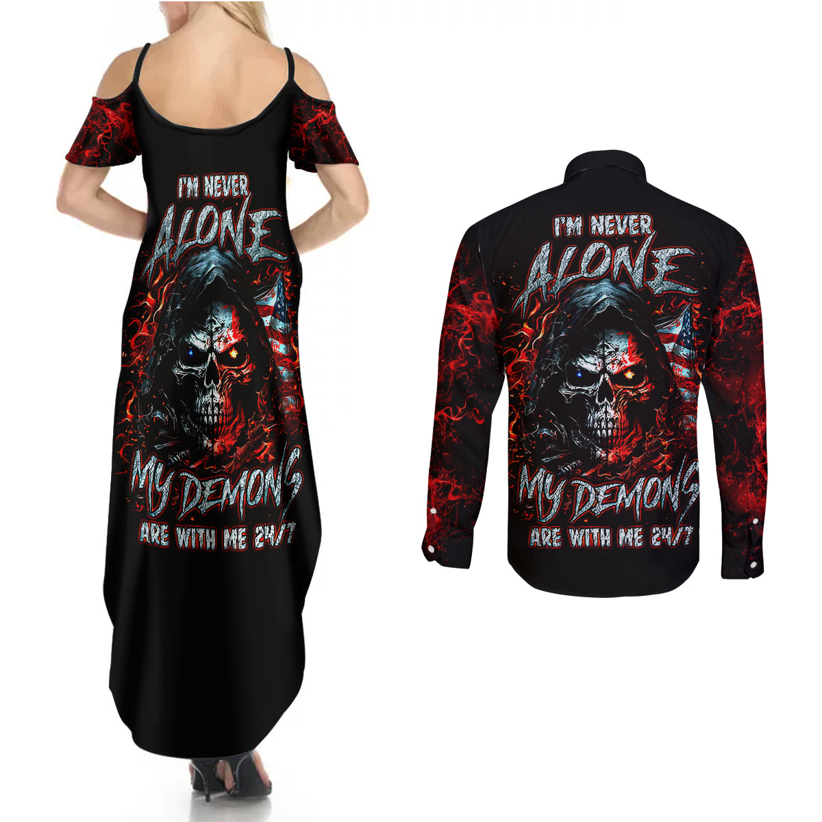 blood-skull-couples-matching-summer-maxi-dress-and-long-sleeve-button-shirts-i-never-alone-my-demon-with-me-247