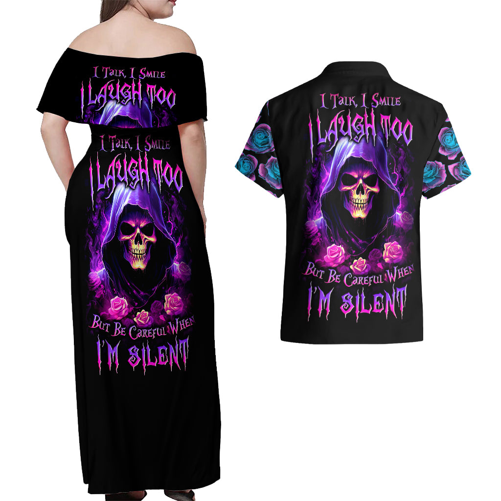 purple-skull-couples-matching-off-shoulder-maxi-dress-and-hawaiian-shirt-i-talk-i-smile-but-be-carefull-when-i-silent