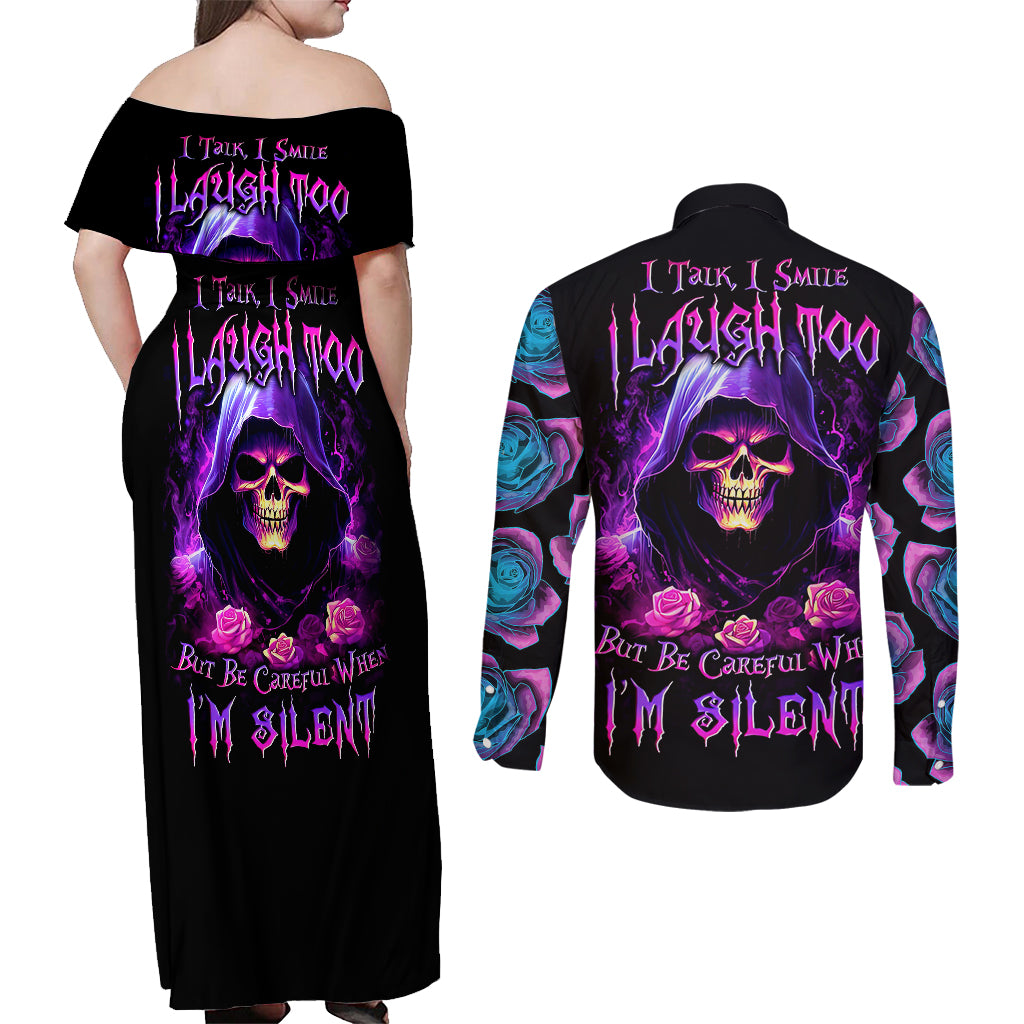 purple-skull-couples-matching-off-shoulder-maxi-dress-and-long-sleeve-button-shirts-i-talk-i-smile-but-be-carefull-when-i-silent