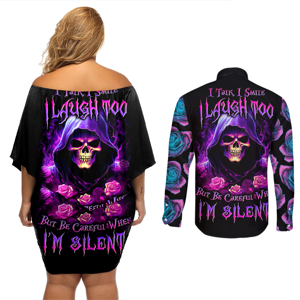 purple-skull-couples-matching-off-shoulder-short-dress-and-long-sleeve-button-shirts-i-talk-i-smile-but-be-carefull-when-i-silent