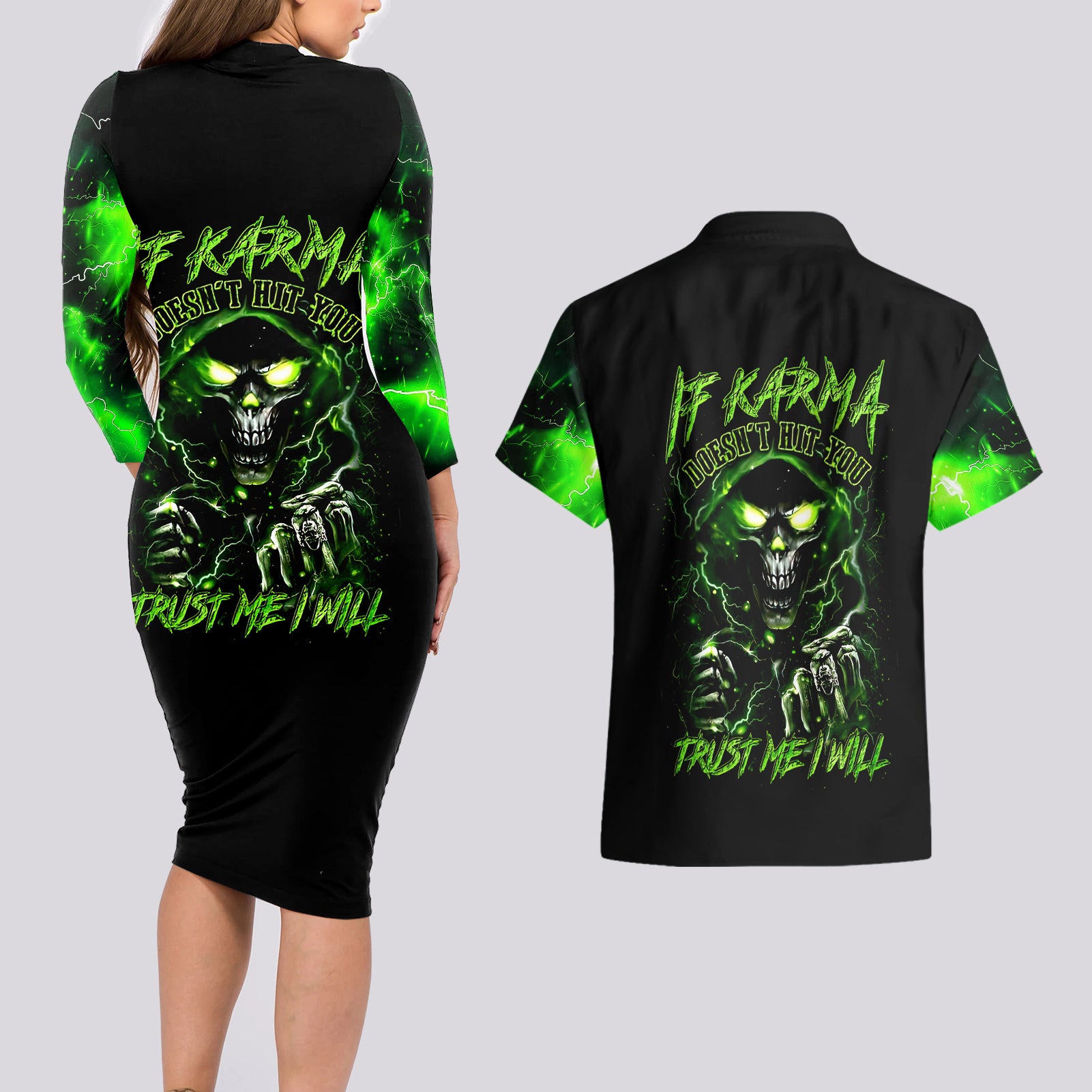 thunder-skull-couples-matching-long-sleeve-bodycon-dress-and-hawaiian-shirt-if-karma-dont-hit-you-trust-me-i-will