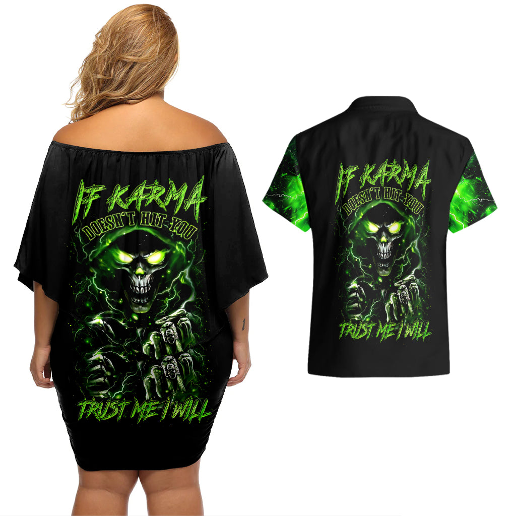 thunder-skull-couples-matching-off-shoulder-short-dress-and-hawaiian-shirt-if-karma-dont-hit-you-trust-me-i-will