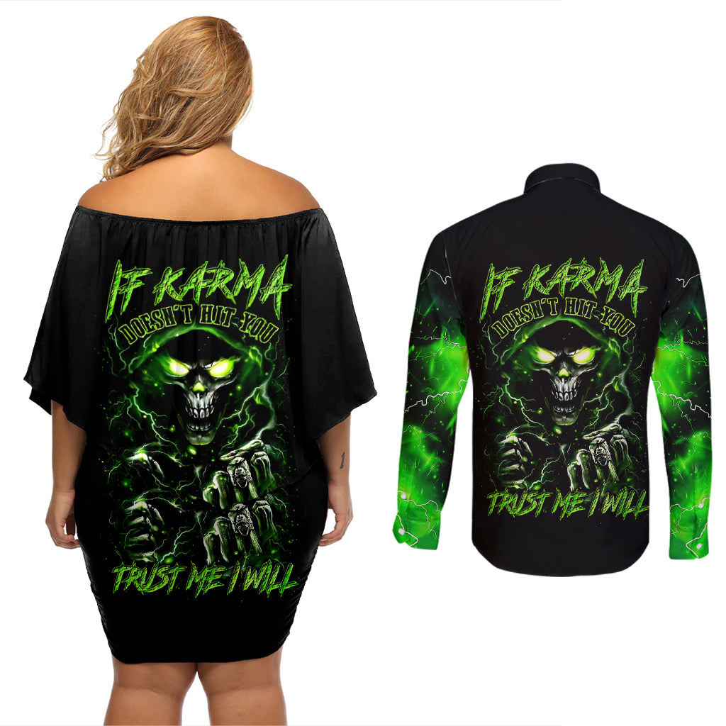 thunder-skull-couples-matching-off-shoulder-short-dress-and-long-sleeve-button-shirts-if-karma-dont-hit-you-trust-me-i-will