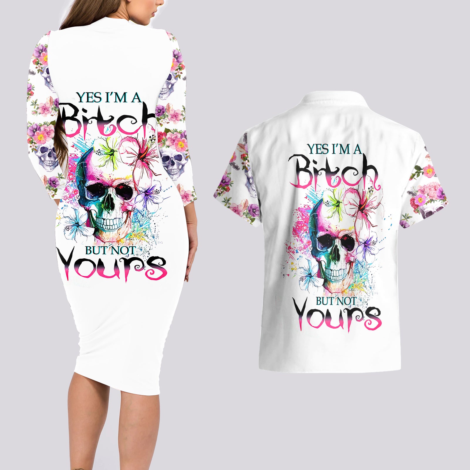 watercolor-skull-couples-matching-long-sleeve-bodycon-dress-and-hawaiian-shirt-yes-im-bitch-but-not-your