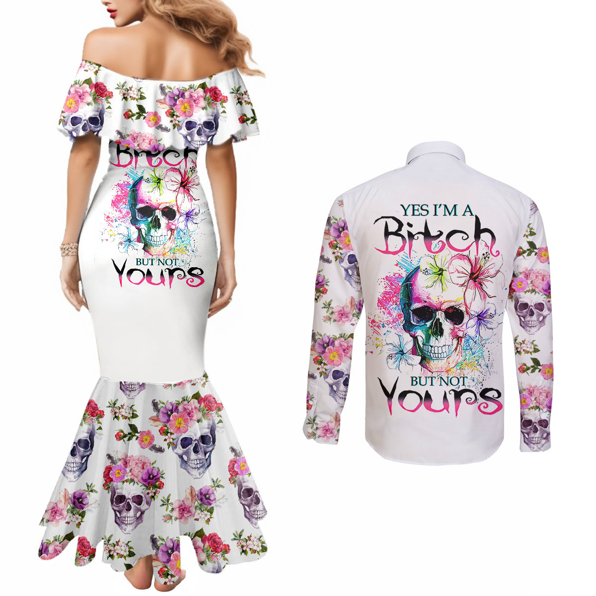 watercolor-skull-couples-matching-mermaid-dress-and-long-sleeve-button-shirts-yes-im-bitch-but-not-your