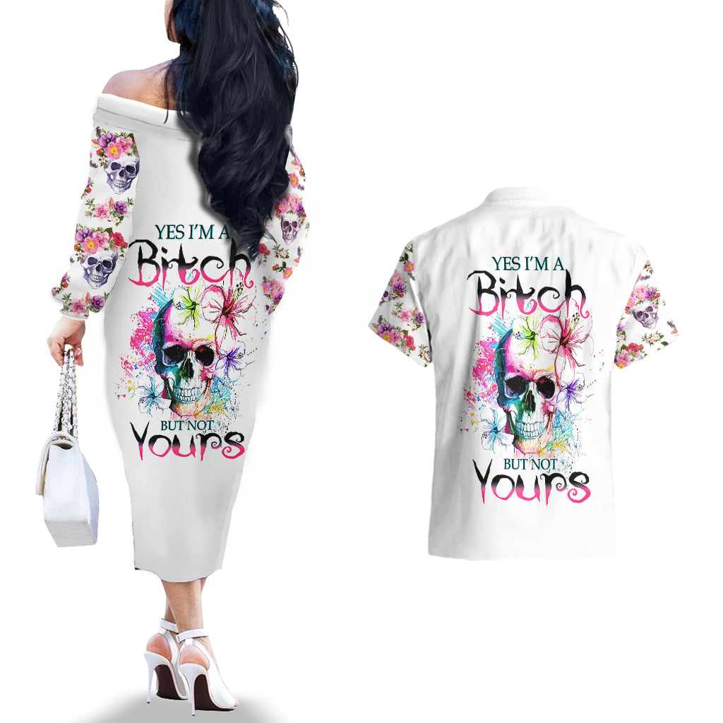 watercolor-skull-couples-matching-off-the-shoulder-long-sleeve-dress-and-hawaiian-shirt-yes-im-bitch-but-not-your