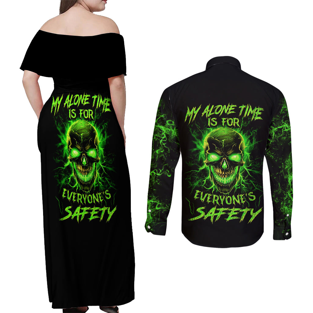 flame-skull-couples-matching-off-shoulder-maxi-dress-and-long-sleeve-button-shirts-my-alone-time-is-for-everyone-safe