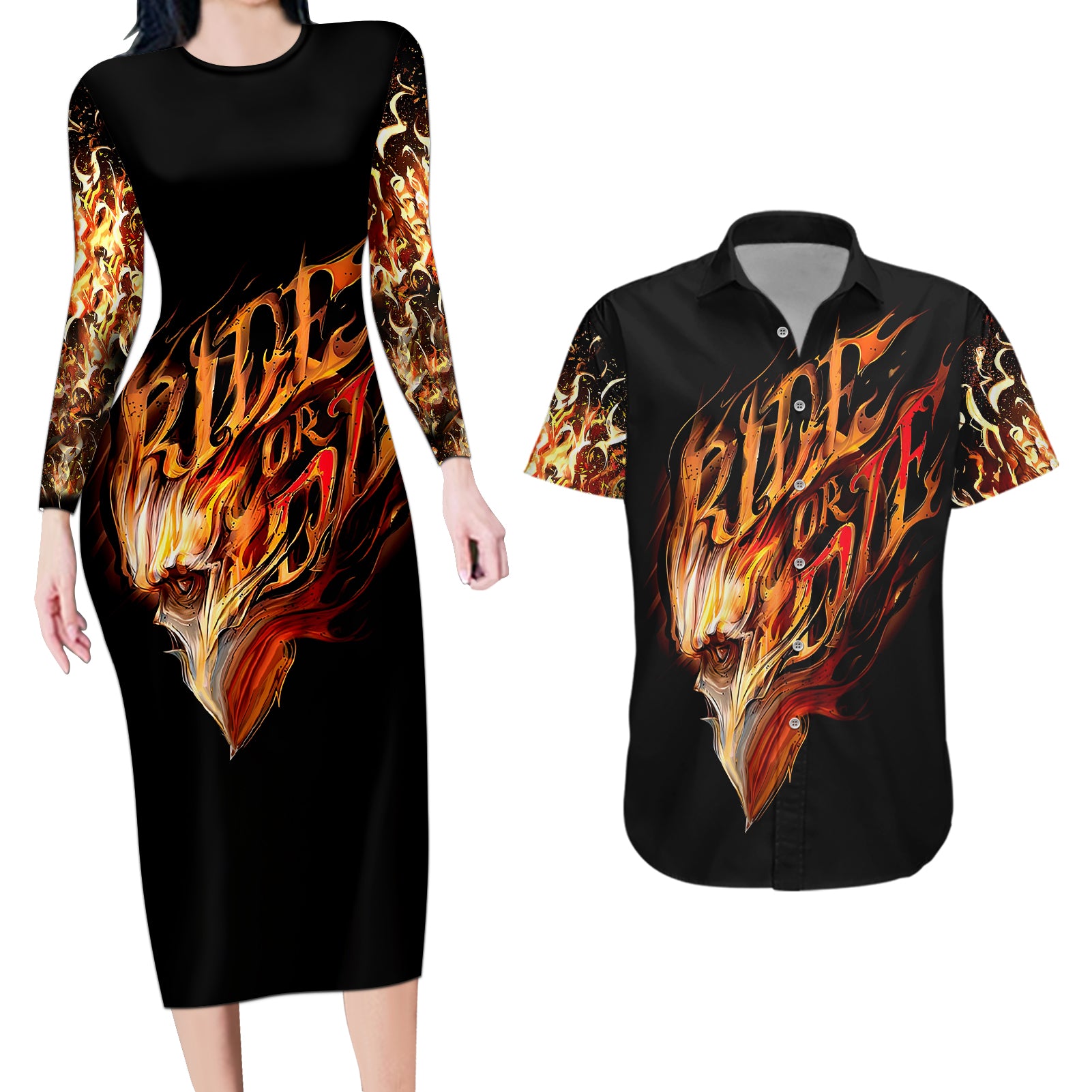 fire-skull-couples-matching-long-sleeve-bodycon-dress-and-hawaiian-shirt-flame-skull-ride-or-die