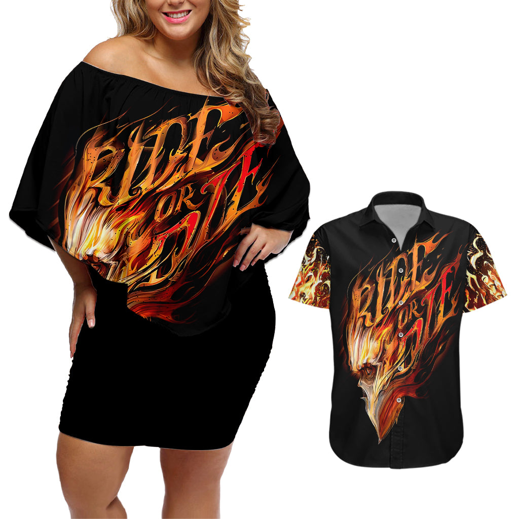 fire-skull-couples-matching-off-shoulder-short-dress-and-hawaiian-shirt-flame-skull-ride-or-die