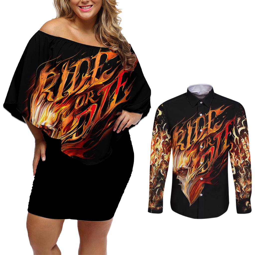 fire-skull-couples-matching-off-shoulder-short-dress-and-long-sleeve-button-shirts-flame-skull-ride-or-die