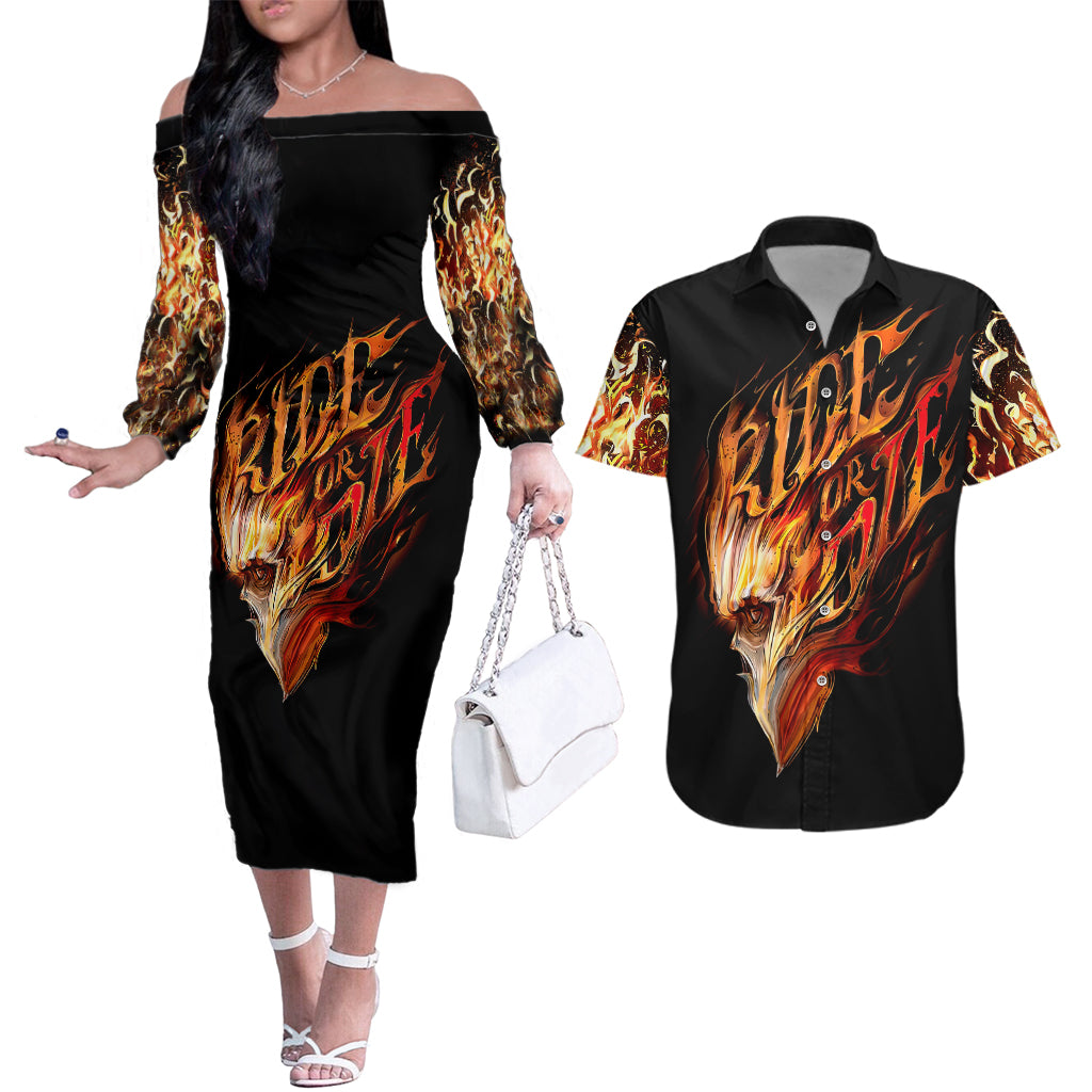 fire-skull-couples-matching-off-the-shoulder-long-sleeve-dress-and-hawaiian-shirt-flame-skull-ride-or-die