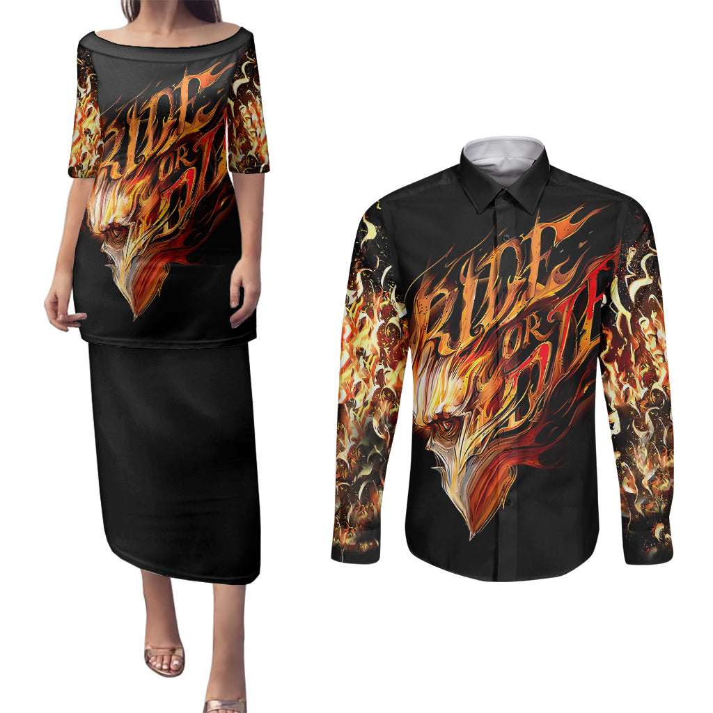 fire-skull-couples-matching-puletasi-dress-and-long-sleeve-button-shirts-flame-skull-ride-or-die