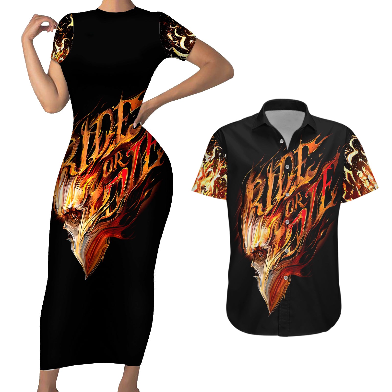 fire-skull-couples-matching-short-sleeve-bodycon-dress-and-hawaiian-shirt-flame-skull-ride-or-die