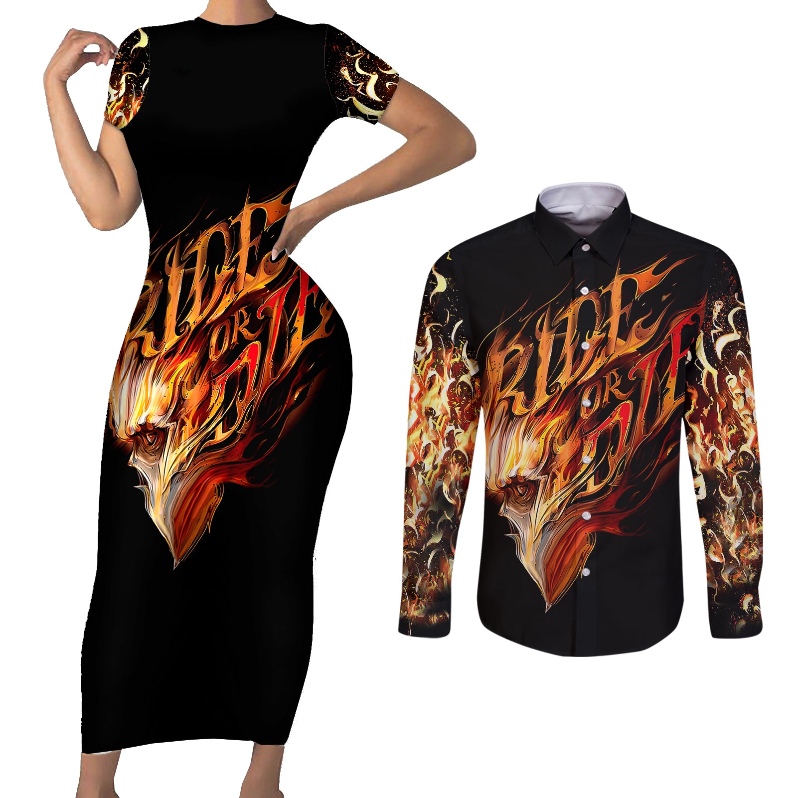 fire-skull-couples-matching-short-sleeve-bodycon-dress-and-long-sleeve-button-shirts-flame-skull-ride-or-die