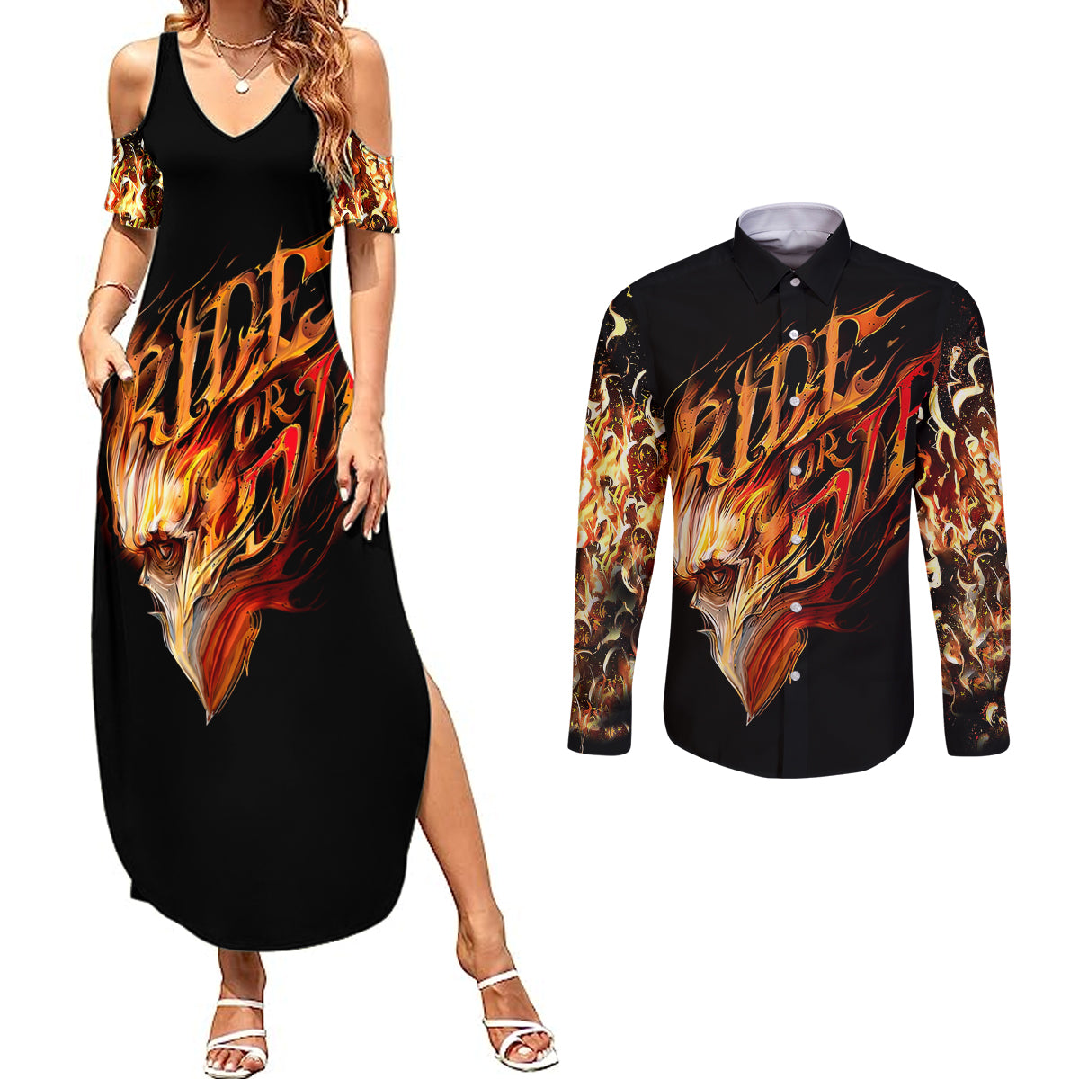 fire-skull-couples-matching-summer-maxi-dress-and-long-sleeve-button-shirts-flame-skull-ride-or-die