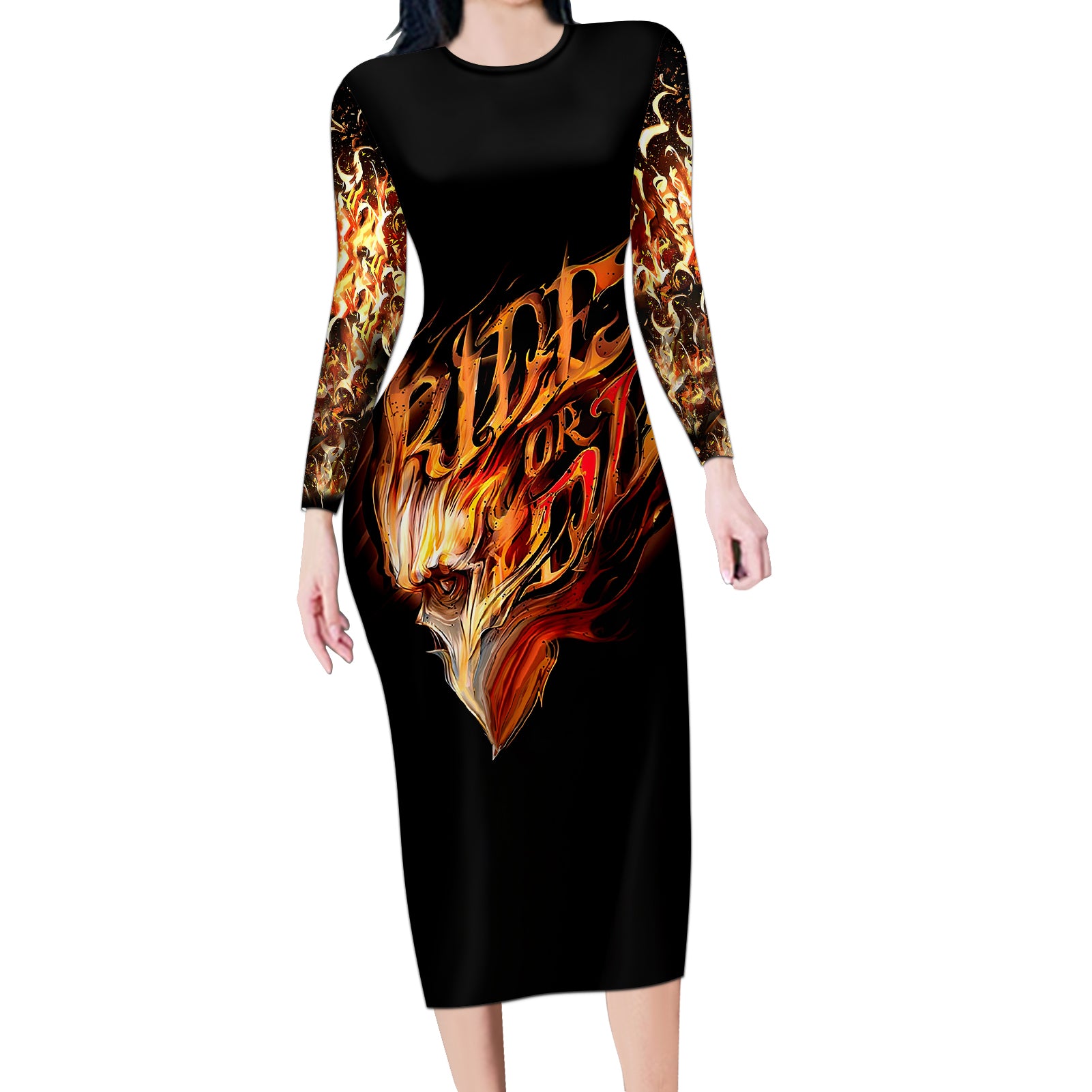 fire-skull-long-sleeve-bodycon-dress-flame-skull-ride-or-die