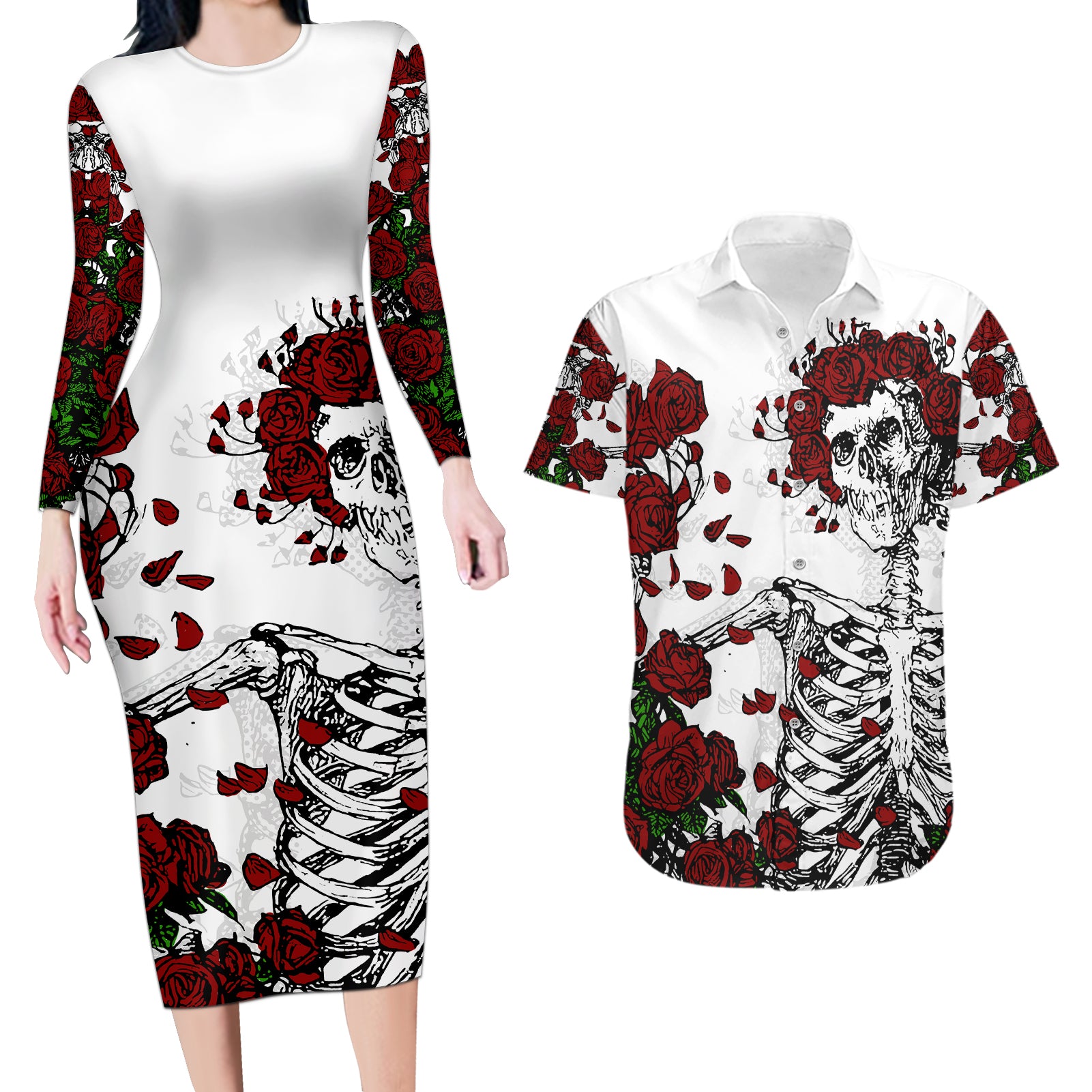 rose-skull-couples-matching-long-sleeve-bodycon-dress-and-hawaiian-shirt-rose-skull-day-of-the-dead