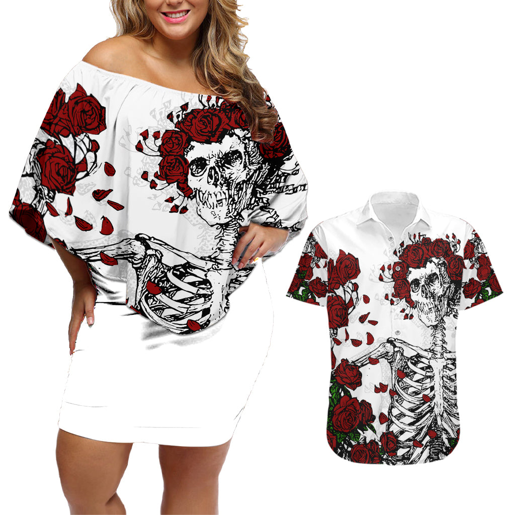 rose-skull-couples-matching-off-shoulder-short-dress-and-hawaiian-shirt-rose-skull-day-of-the-dead