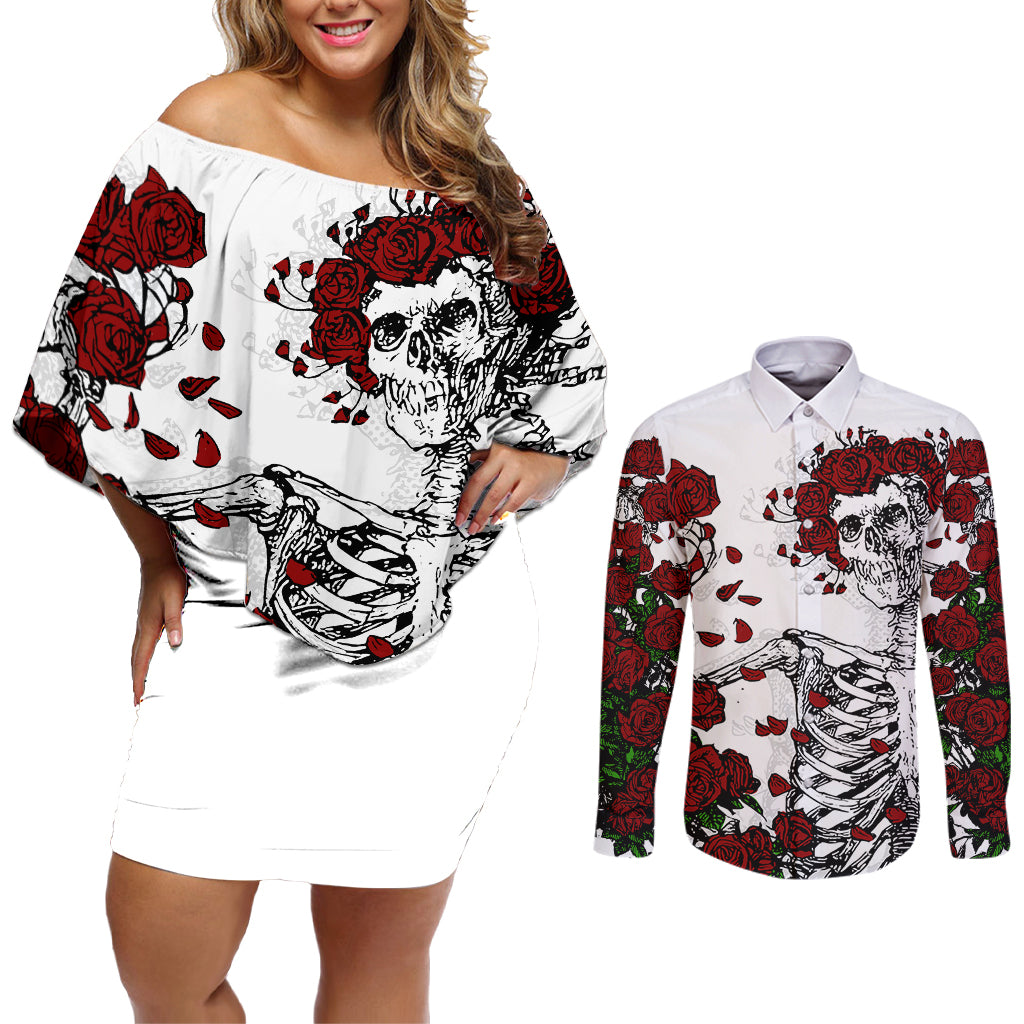 rose-skull-couples-matching-off-shoulder-short-dress-and-long-sleeve-button-shirts-rose-skull-day-of-the-dead