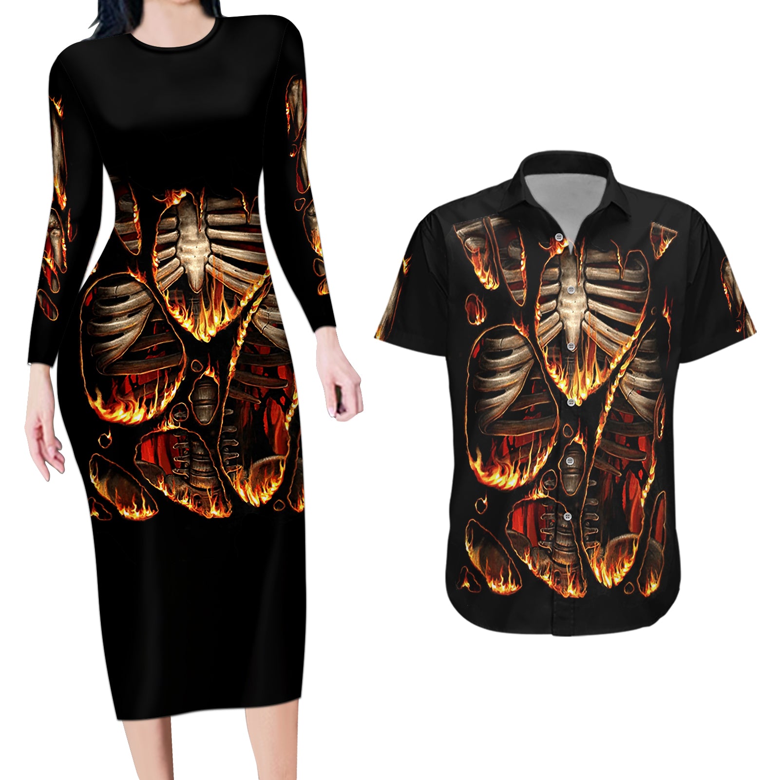 flame-skull-couples-matching-long-sleeve-bodycon-dress-and-hawaiian-shirt-flame-skeleton-inside-my-body