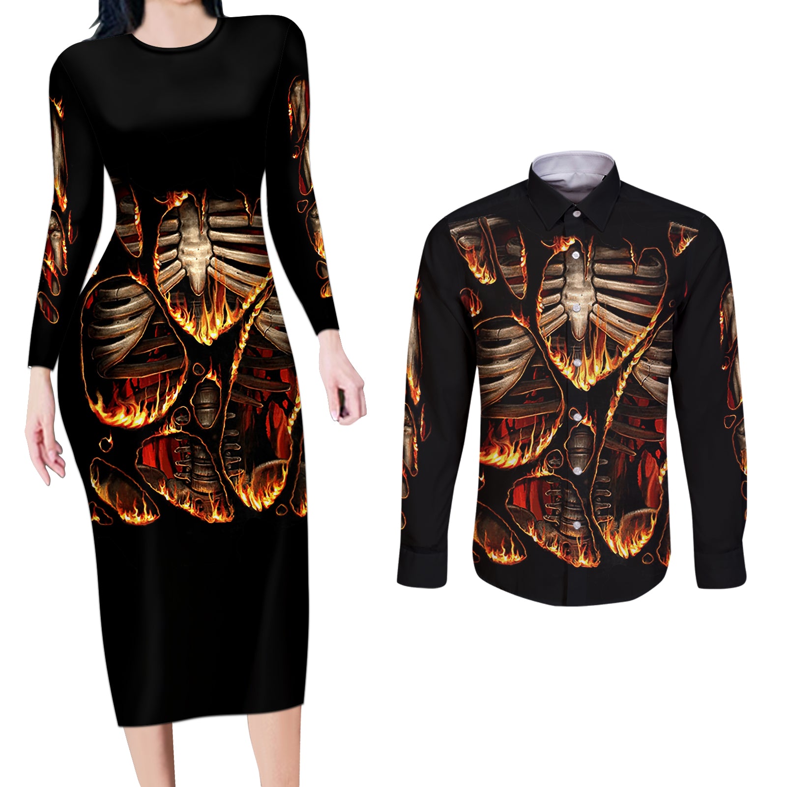 flame-skull-couples-matching-long-sleeve-bodycon-dress-and-long-sleeve-button-shirts-flame-skeleton-inside-my-body