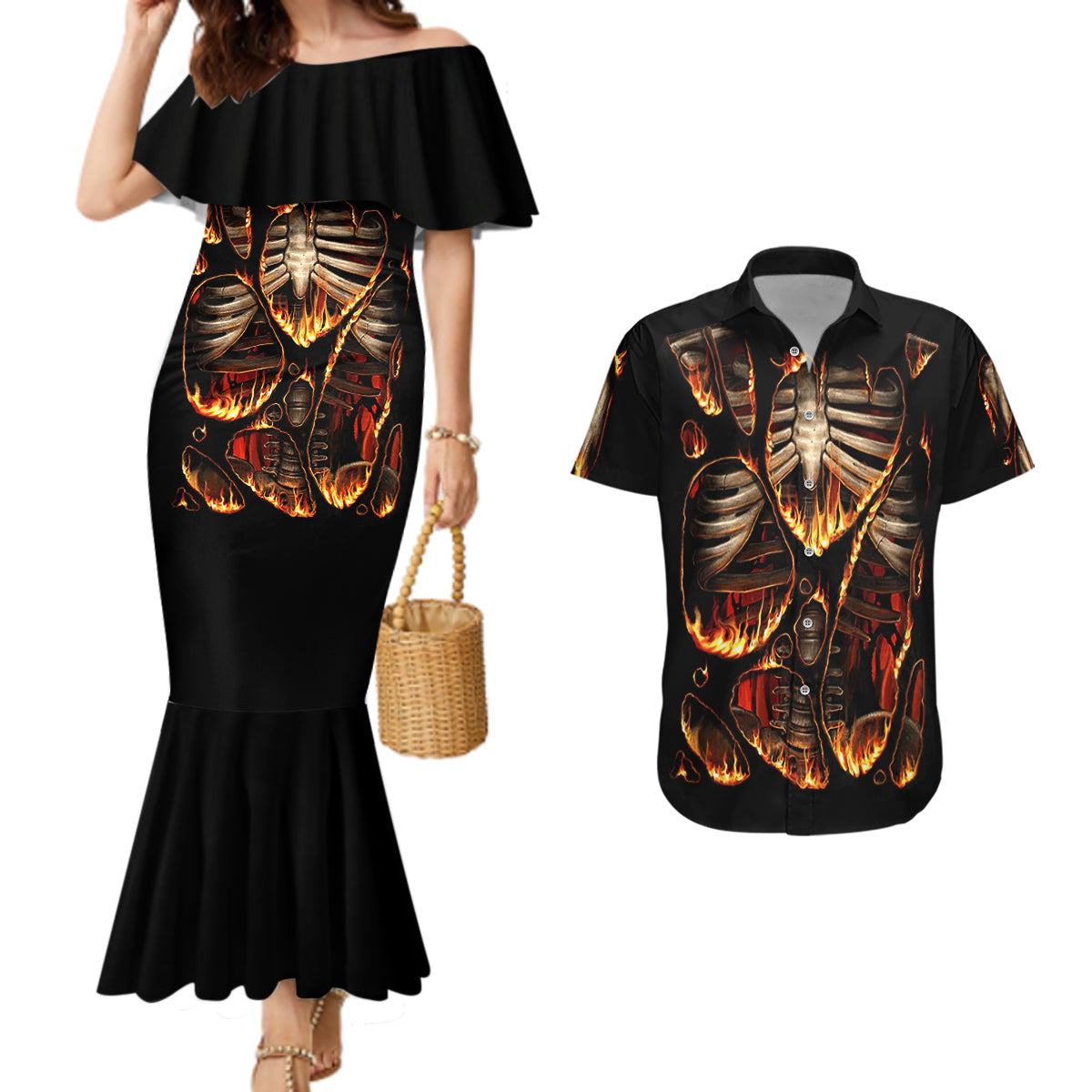 flame-skull-couples-matching-mermaid-dress-and-hawaiian-shirt-flame-skeleton-inside-my-body