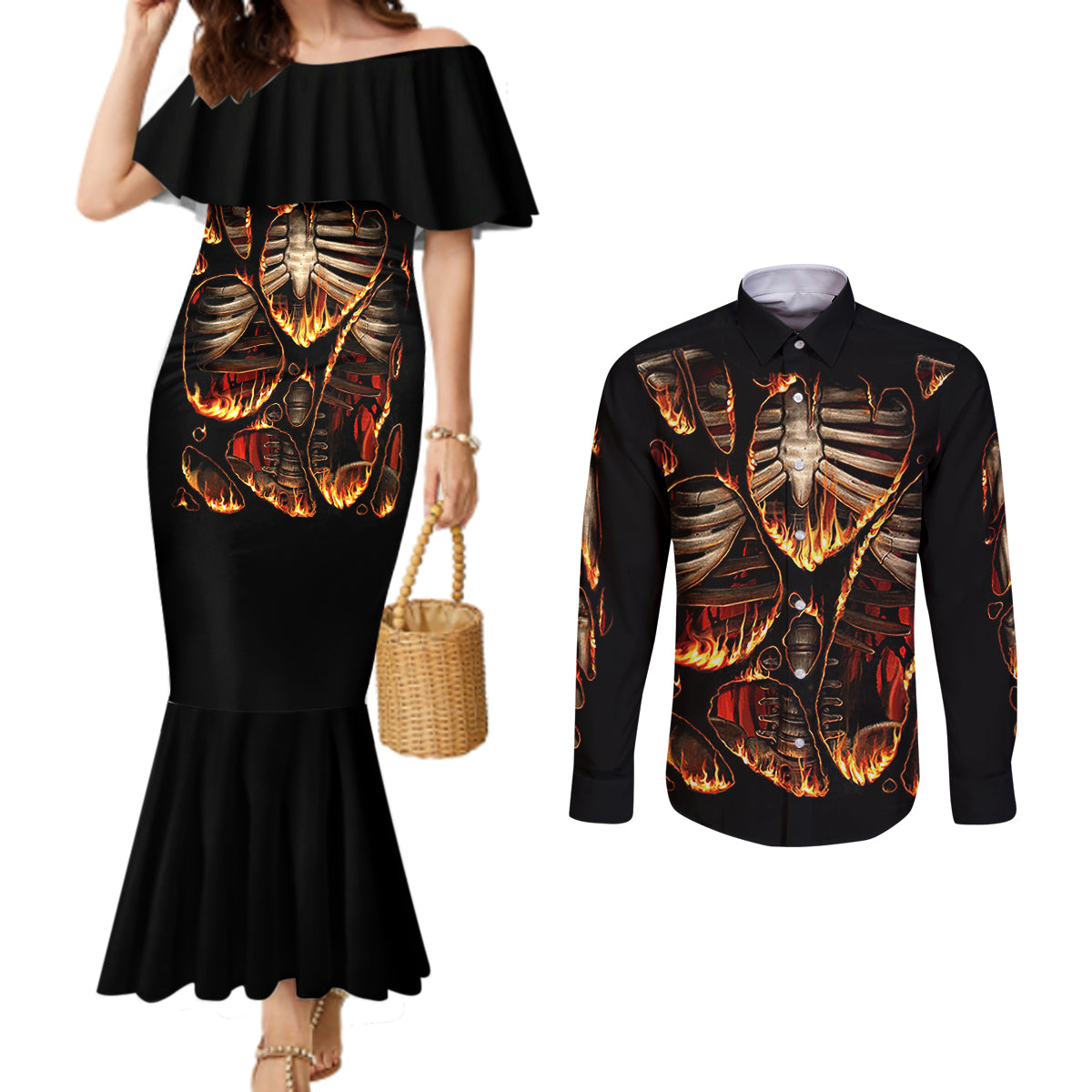 flame-skull-couples-matching-mermaid-dress-and-long-sleeve-button-shirts-flame-skeleton-inside-my-body