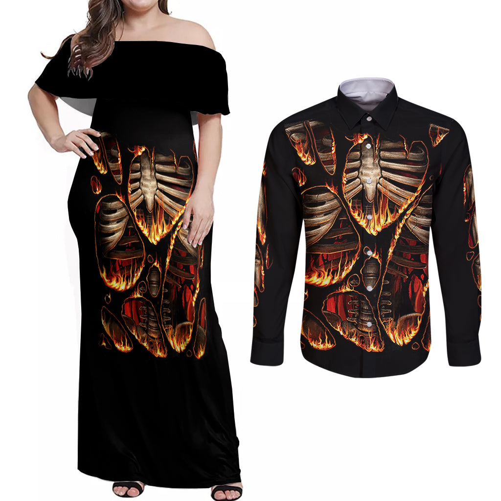 flame-skull-couples-matching-off-shoulder-maxi-dress-and-long-sleeve-button-shirts-flame-skeleton-inside-my-body