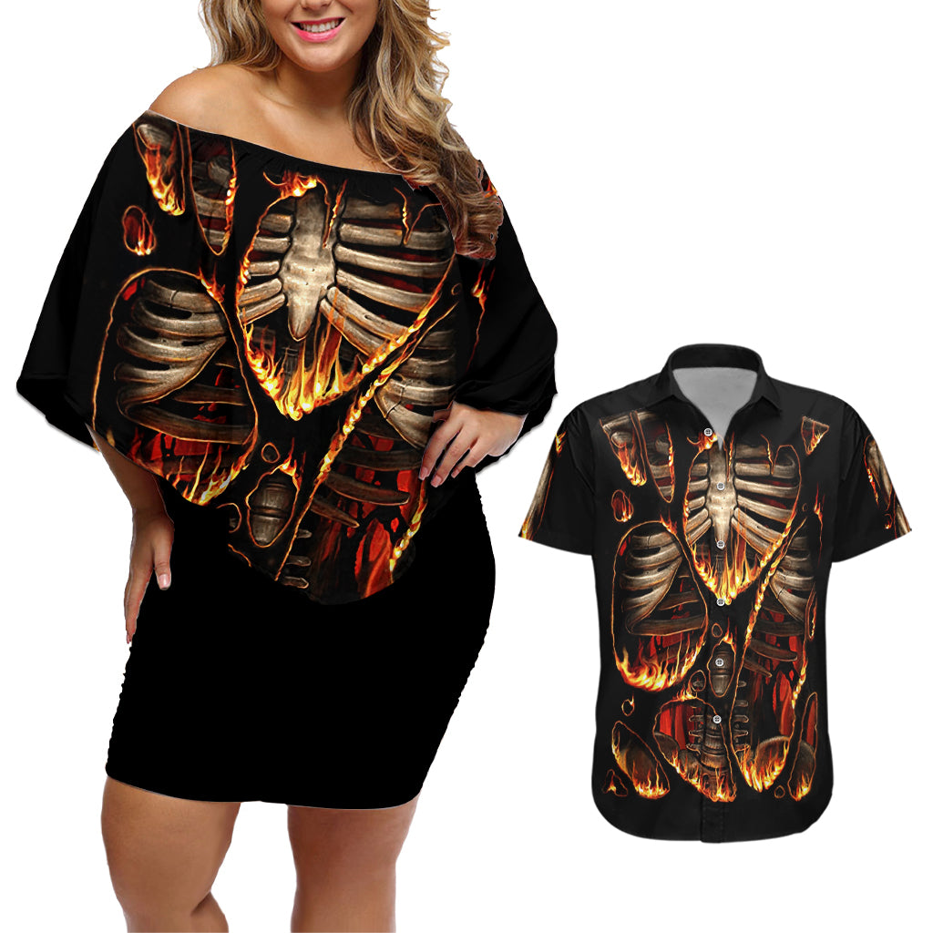 flame-skull-couples-matching-off-shoulder-short-dress-and-hawaiian-shirt-flame-skeleton-inside-my-body