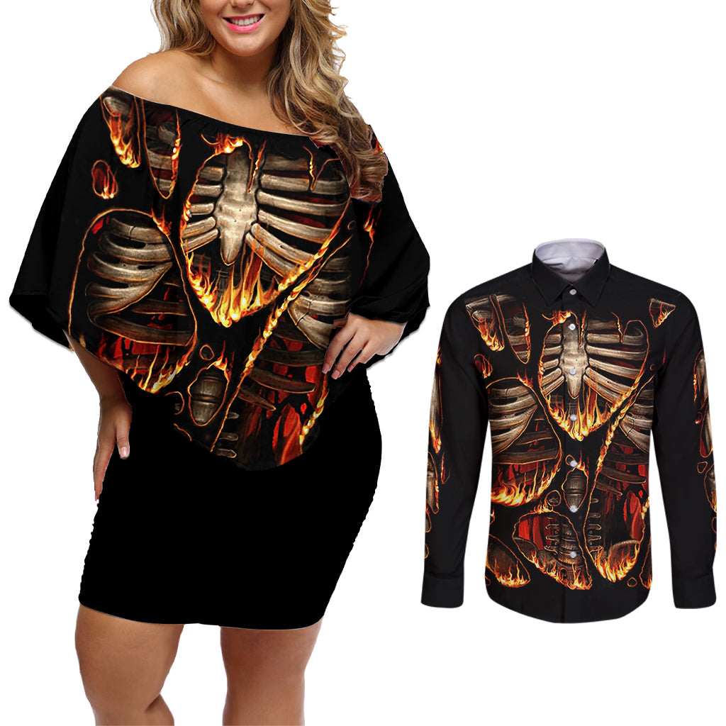 flame-skull-couples-matching-off-shoulder-short-dress-and-long-sleeve-button-shirts-flame-skeleton-inside-my-body