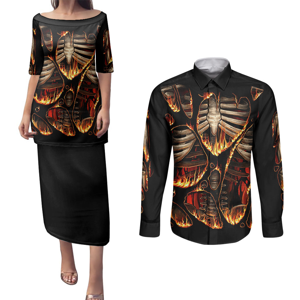 flame-skull-couples-matching-puletasi-dress-and-long-sleeve-button-shirts-flame-skeleton-inside-my-body