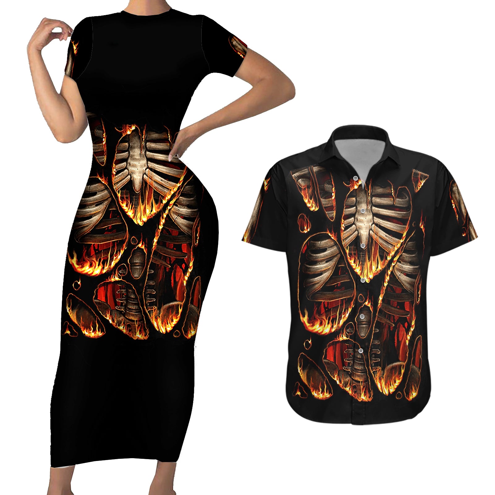 flame-skull-couples-matching-short-sleeve-bodycon-dress-and-hawaiian-shirt-flame-skeleton-inside-my-body